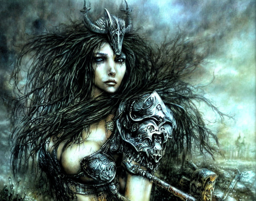 Female warrior in horned helmet and skull armor on misty battlefield