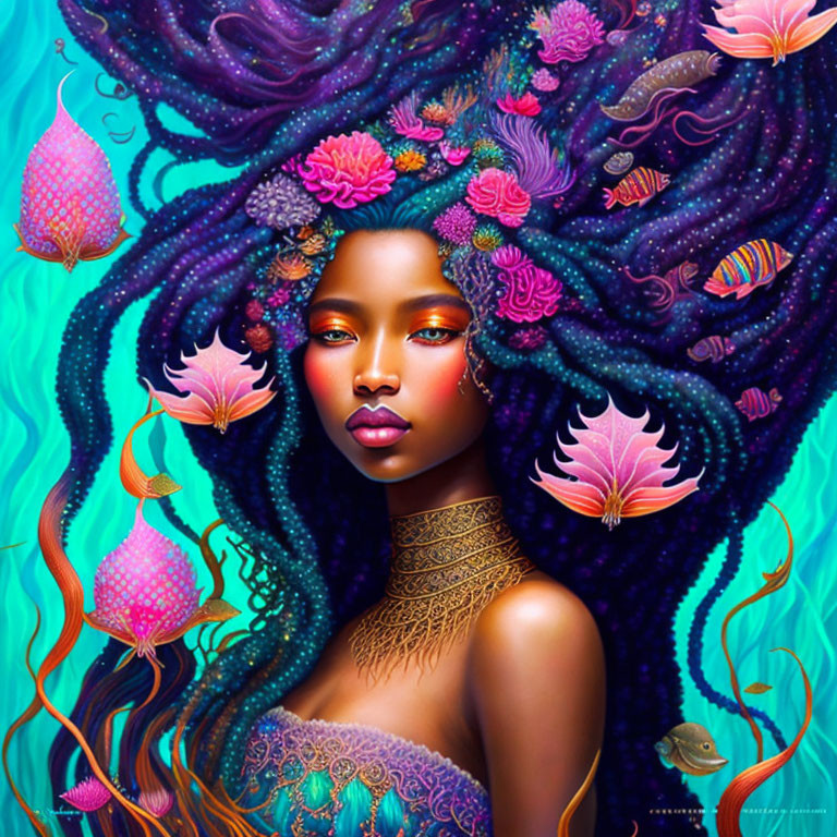 Vibrant illustration of woman with aquatic-themed hair surrounded by fish and coral