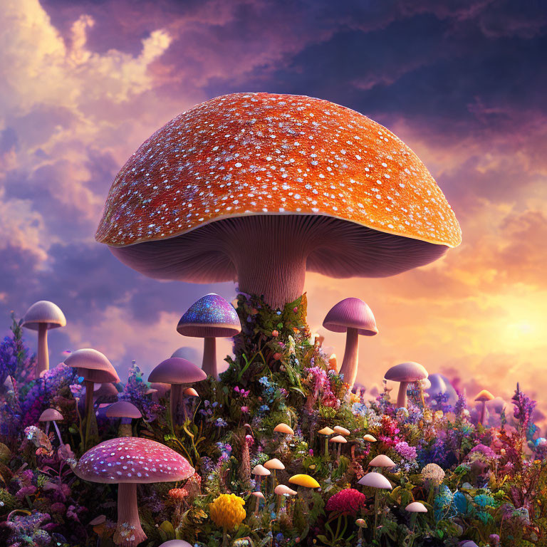 Vibrant red mushroom dominates twilight landscape