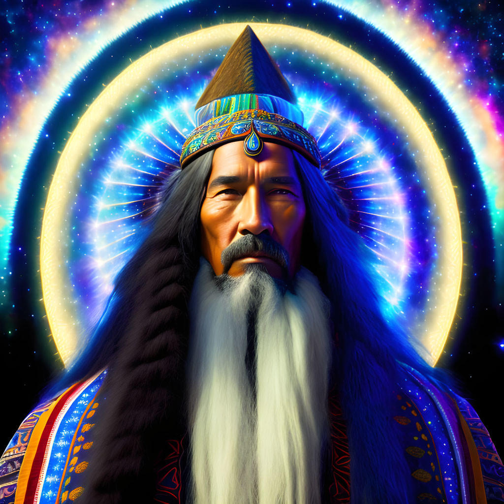 Digital Artwork: Wise Bearded Figure in Patterned Hat and Robes