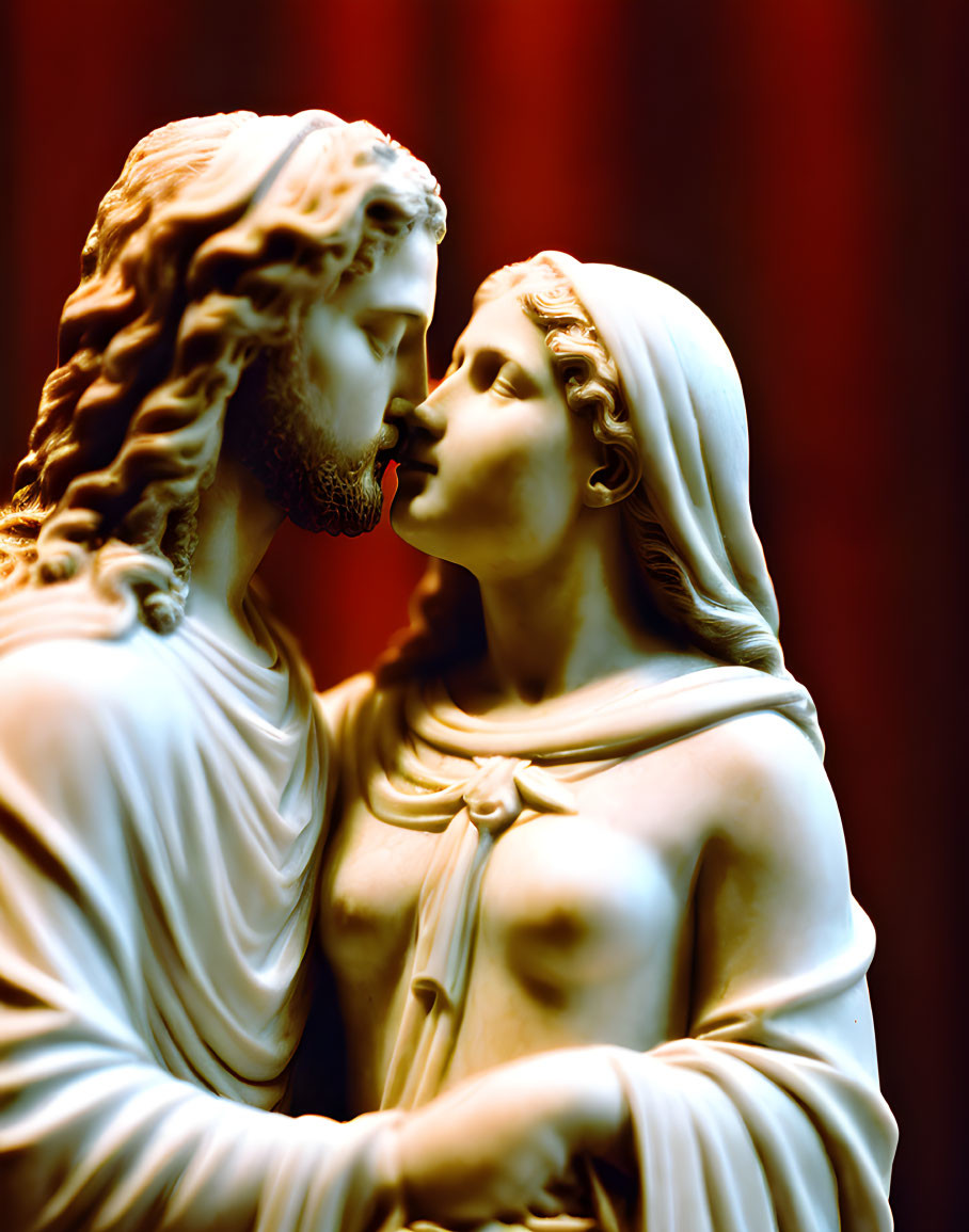 Statue of man and woman in tender embrace against red backdrop
