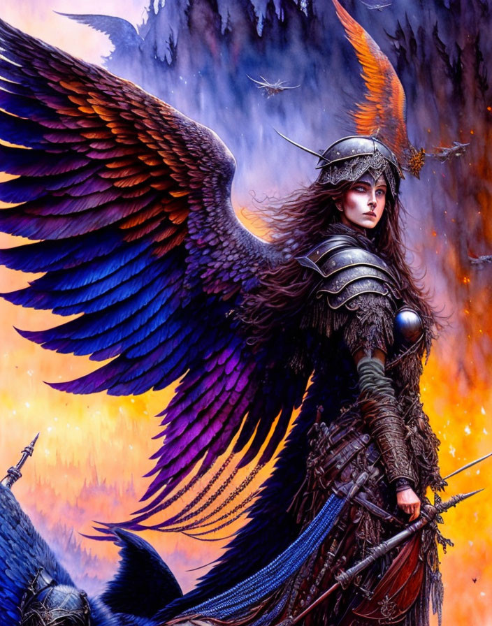 Majestic warrior with blue wings in detailed armor amidst fiery battle