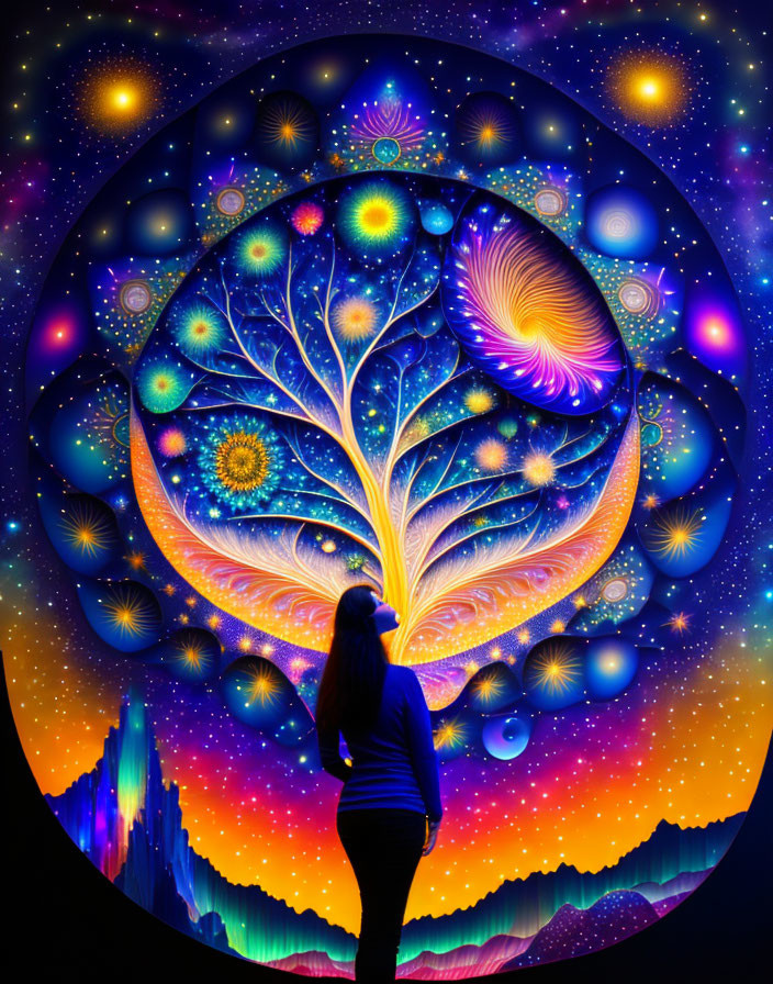 Person viewing vibrant cosmic painting with luminous tree and interstellar bodies