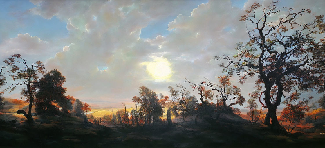 Tranquil landscape painting: low-set sun, warm light, trees, rocks