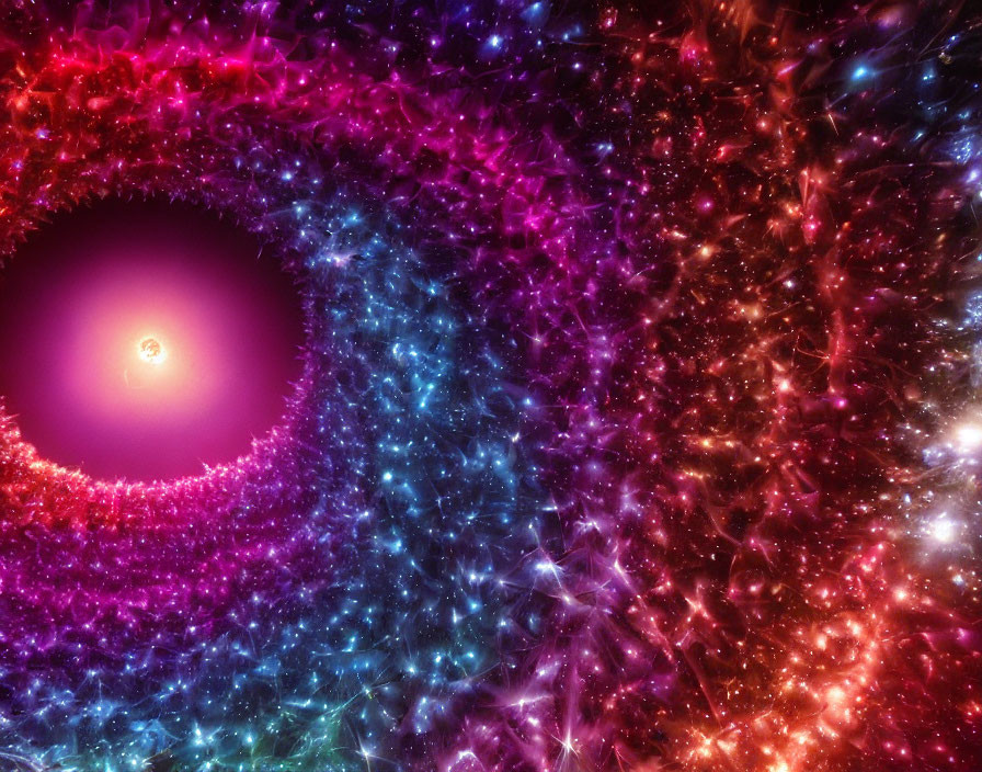 Colorful pink, purple, and blue cosmic tunnel with bright light at end