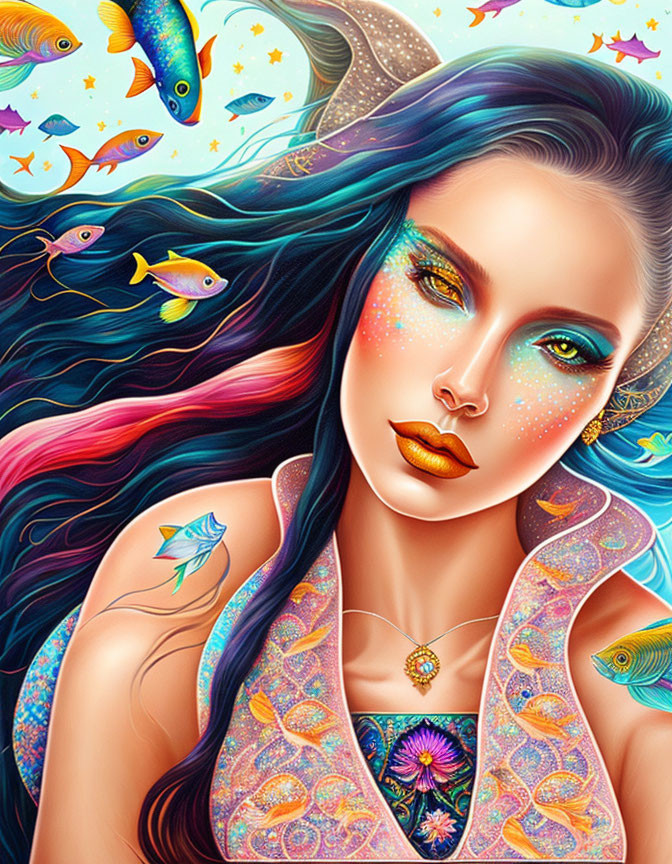 Colorful illustration: Woman with flowing hair, fish, vibrant makeup, starry motif, underwater ambiance