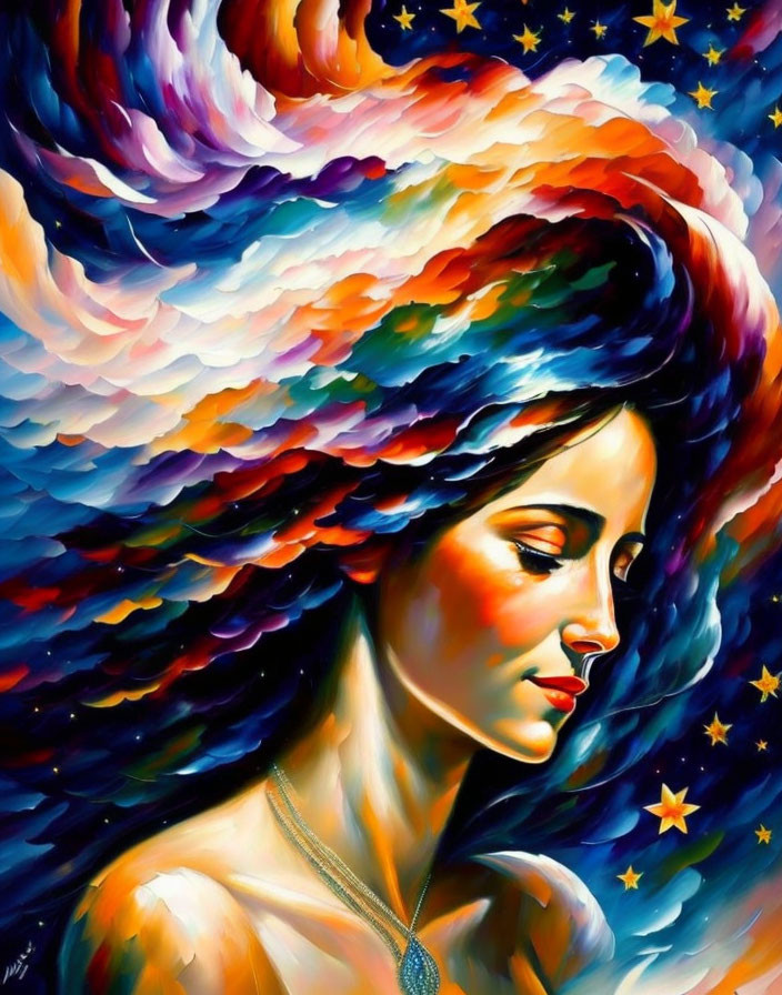 Colorful painting of woman with flowing hair merging into cosmic sky full of stars