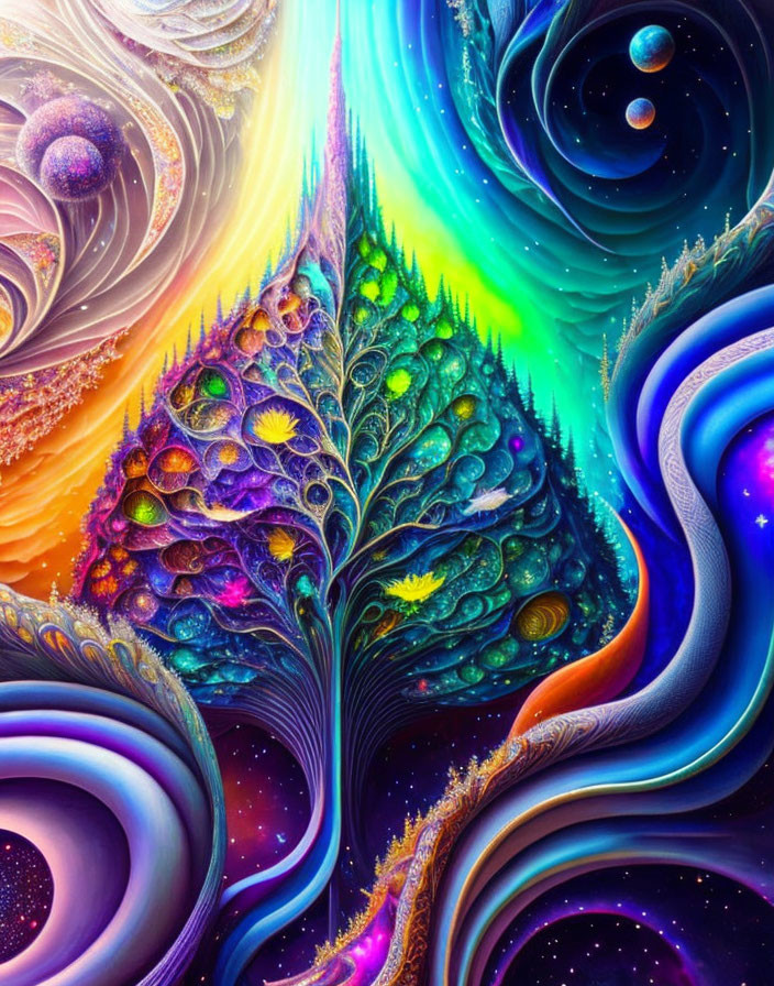 Colorful Psychedelic Artwork with Celestial and Tree-like Elements