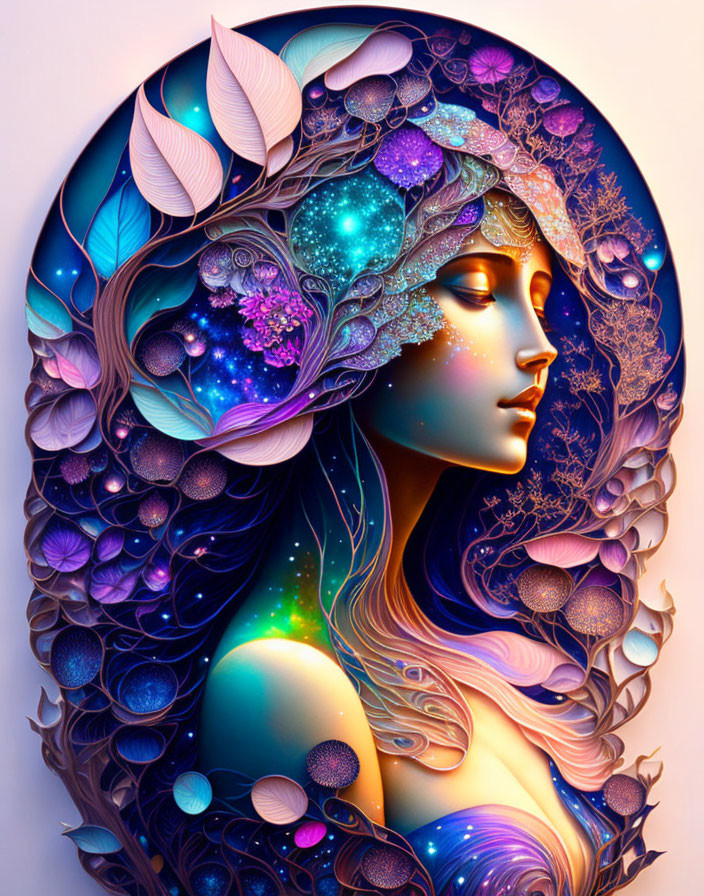 Colorful digital artwork: Woman's profile with cosmic flora and celestial motifs