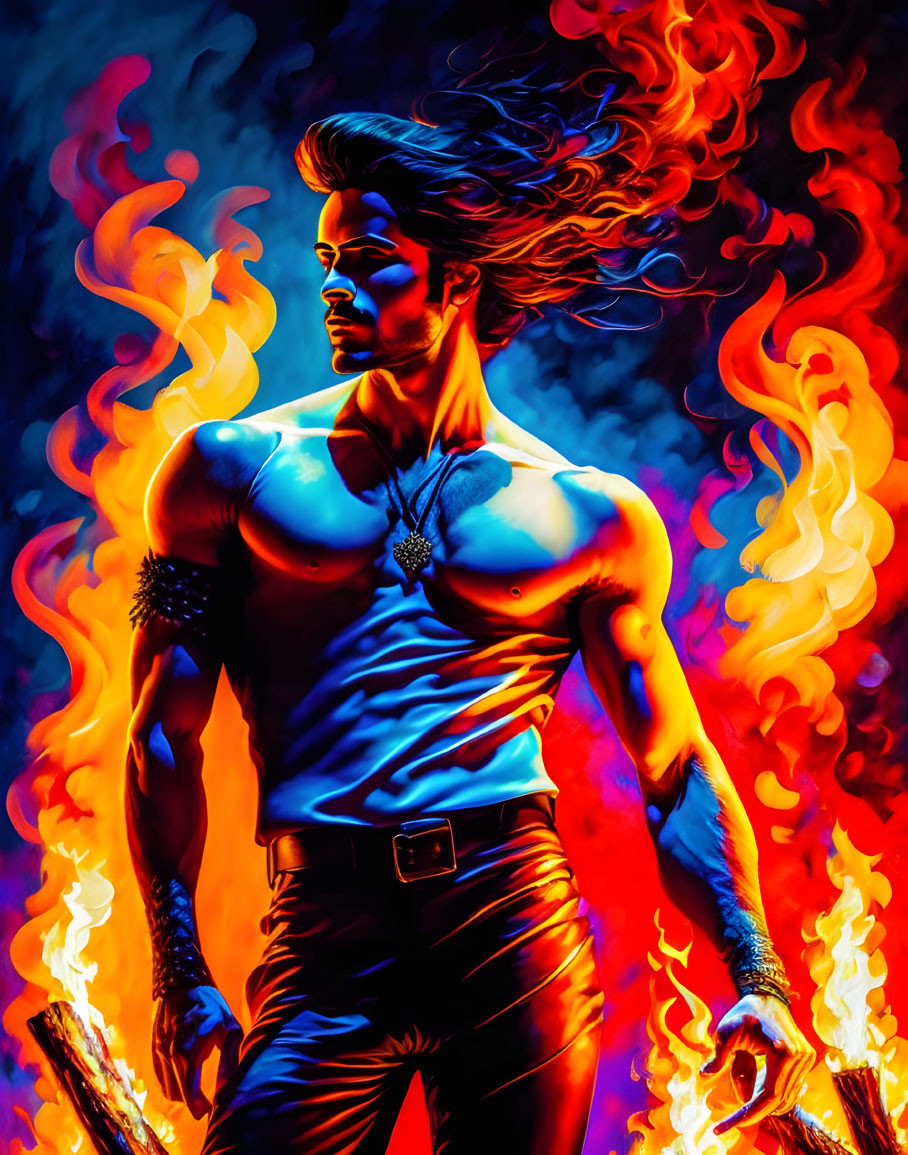 Muscular man in flames with mystical aura