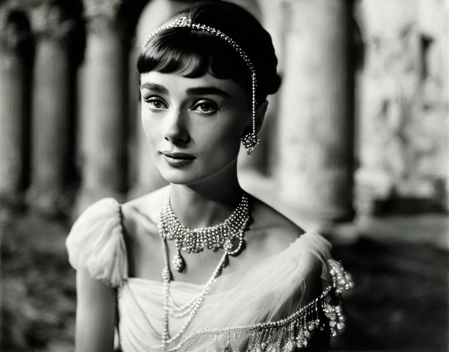 Monochrome photo: Woman in vintage attire with elegant jewelry, soft gaze, against classical backdrop.