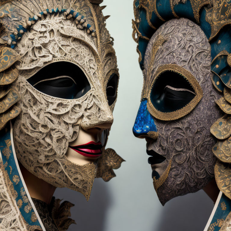 Two individuals wearing ornate Venetian masks with intricate designs, one white with red lips, the