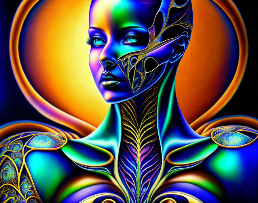 Neon-colored digital artwork of stylized woman with organic patterns