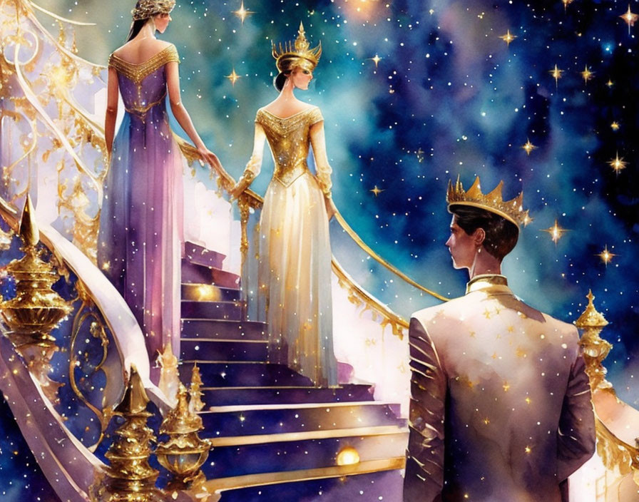 Three figures in golden attire on grand staircase under starry sky