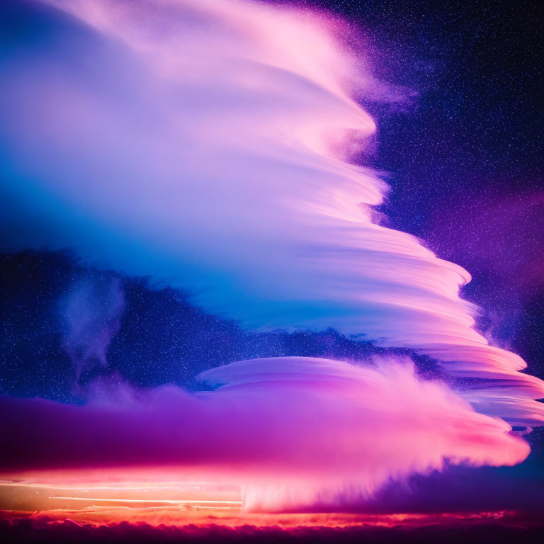 Vibrant purple-pink lenticular clouds in starry night sky