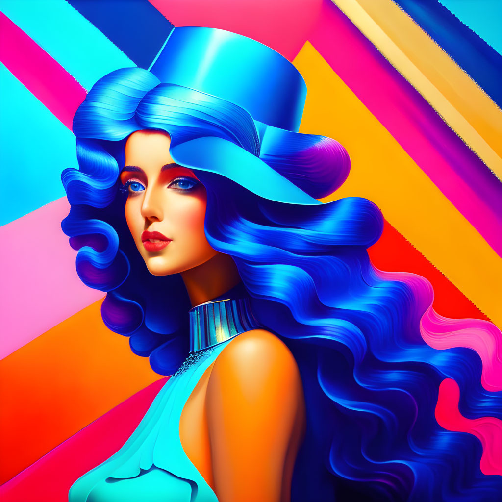 Colorful digital artwork: Woman with blue hair and hat on striped background