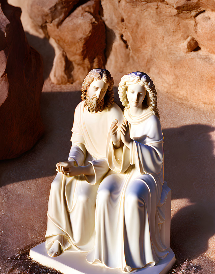Religious figurine of Jesus and Mother Mary in desert setting
