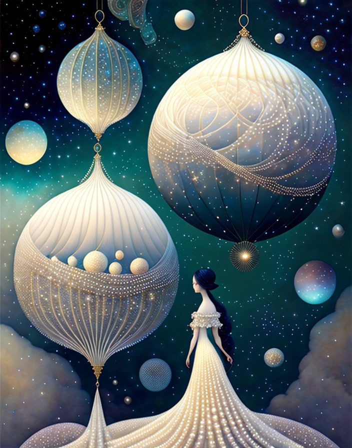 Woman in elegant gown admires celestial orbs in fantasy cosmic scene