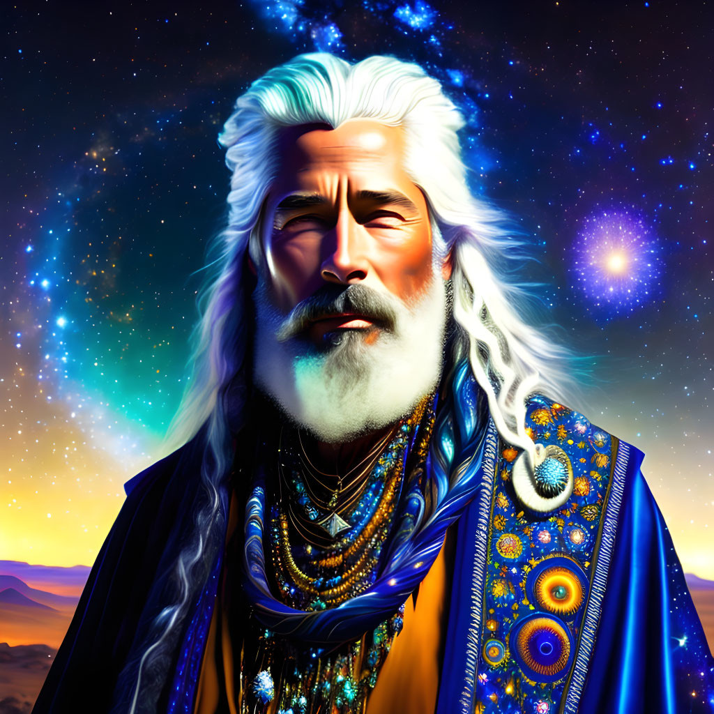 Elderly Man in Blue and Gold Robe on Cosmic Background