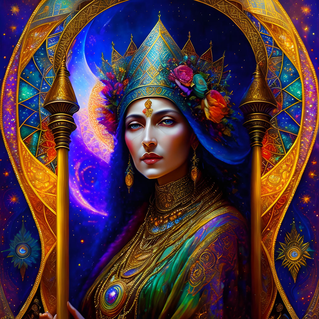 Regal woman in gem-studded attire with cosmic background and golden scepters