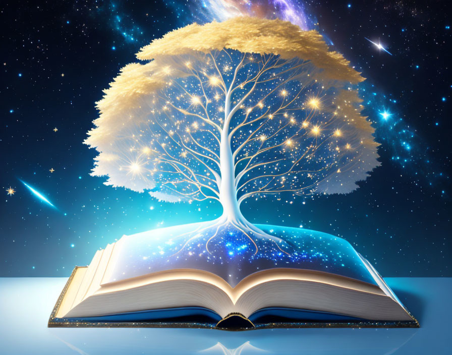 Open book with glowing golden tree on cosmic space background