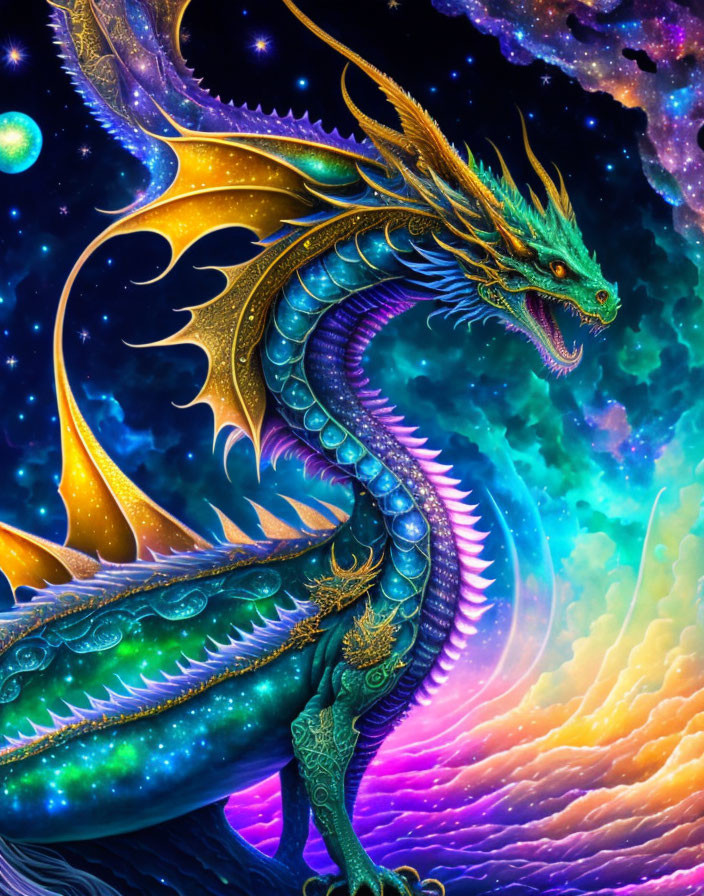 Colorful Dragon with Scales and Large Wings in Cosmic Setting