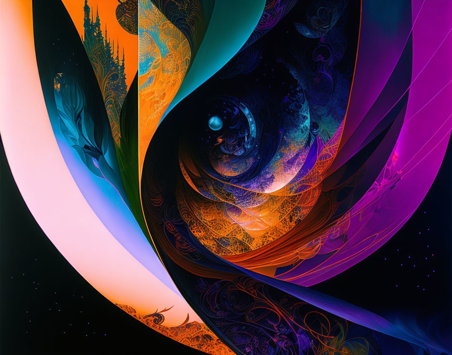 Colorful Abstract Digital Artwork with Swirling Patterns and Neon Gradient