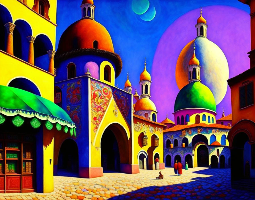 Colorful cityscape with domes and arches under a large moon, intricate patterns, and lone