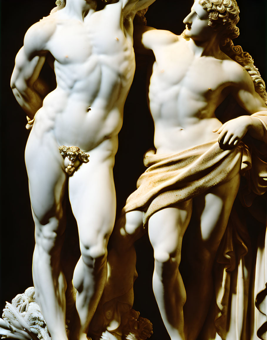Classical sculpture of two mythological figures with detailed musculature and draped fabric