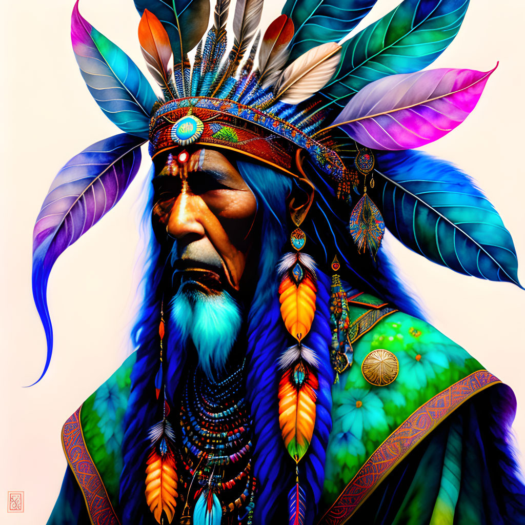 Colorful Native American figure in vibrant digital art portrait