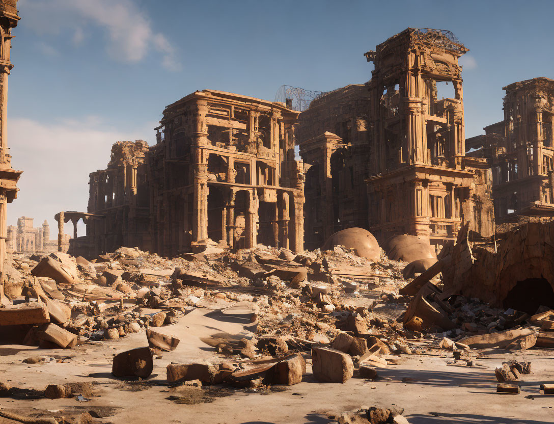 Ancient city ruins with crumbling buildings and scattered debris