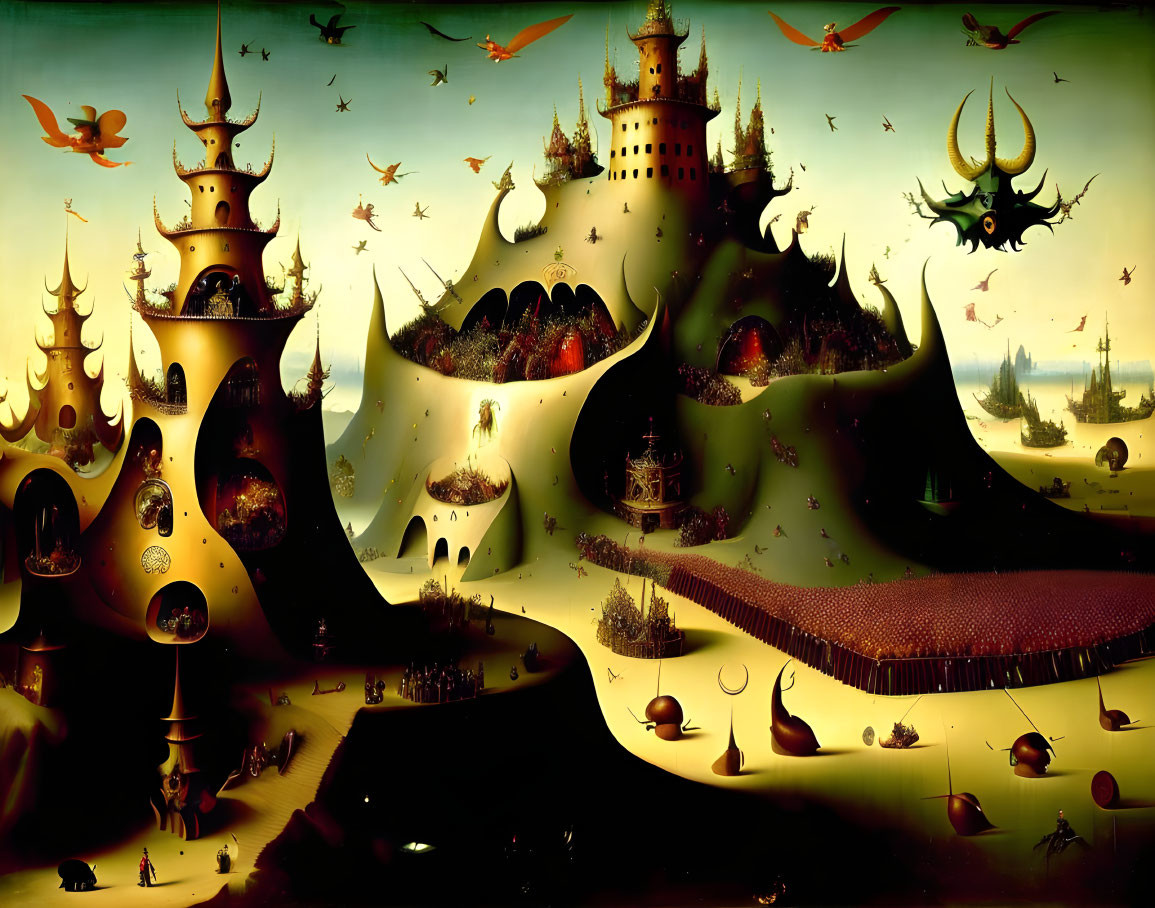 Fantastical surreal landscape with castles, flying creatures, and undulating field