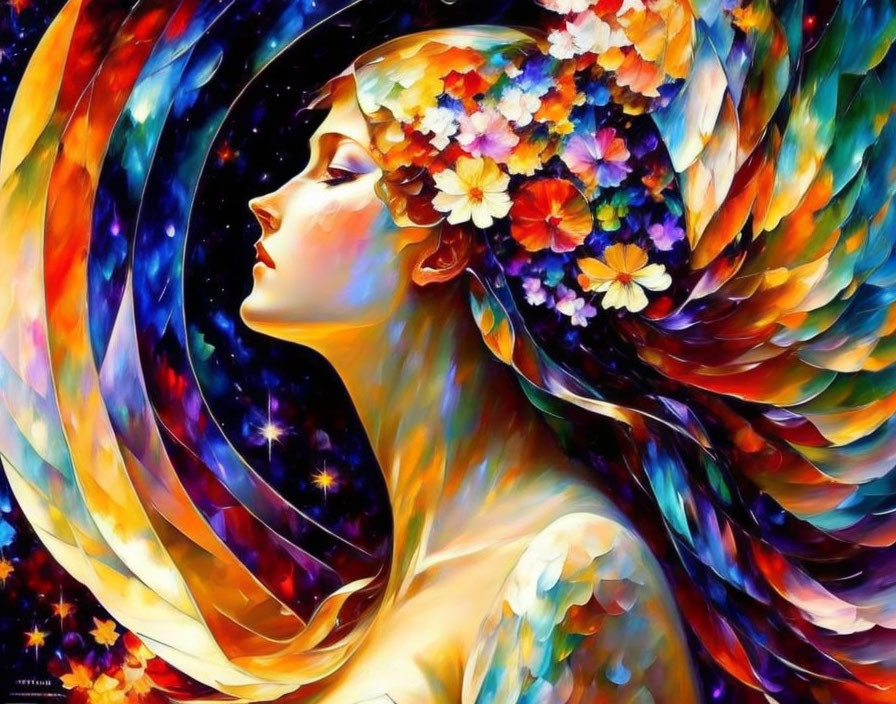 Colorful profile portrait of a woman with floral crown on cosmic background