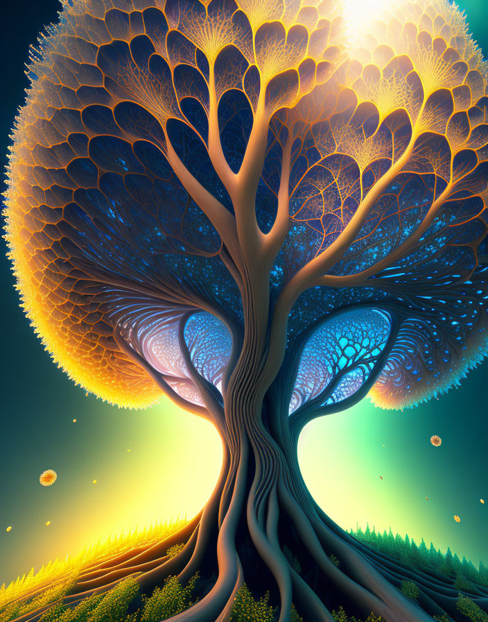 Colorful surreal tree digital artwork with intricate branching and luminous leaf-like patterns.