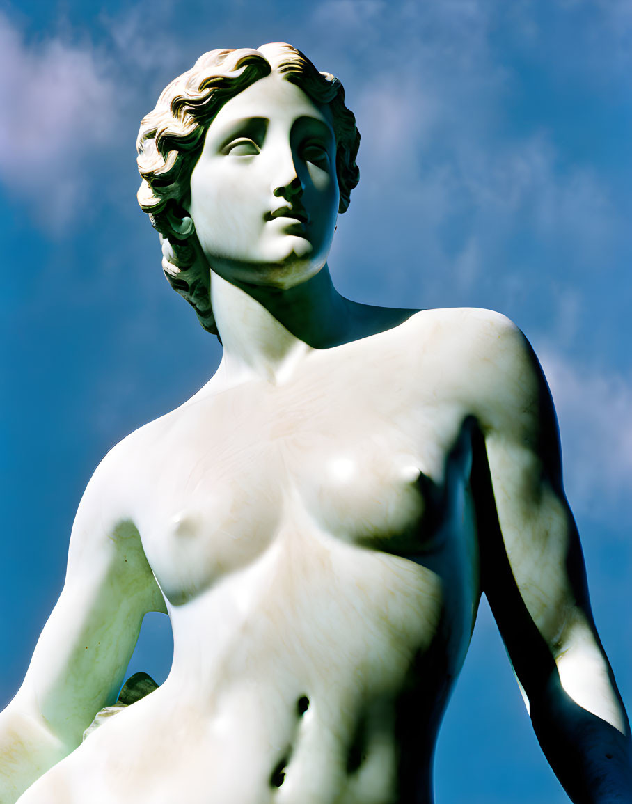 Classical female statue with serene expression and sculpted hair against blue sky