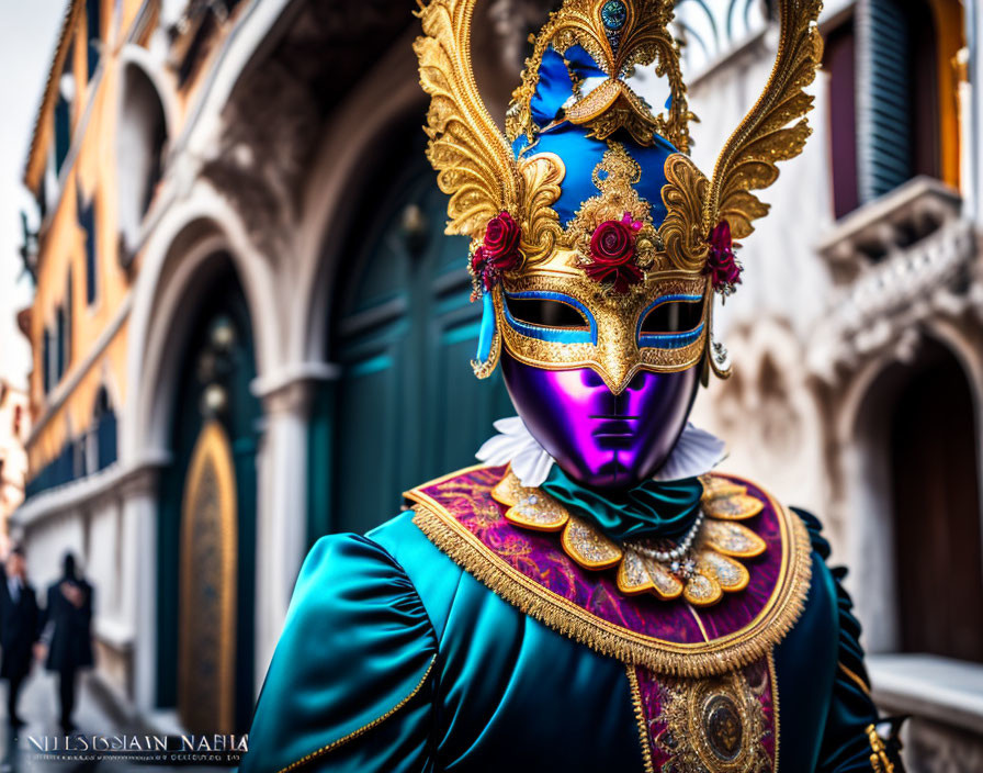 Vibrant teal and purple costume with golden mask at Venice Carnival