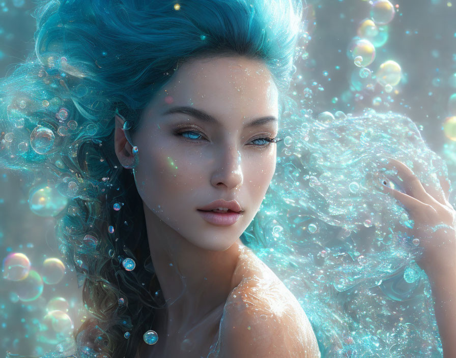 Fantasy image: Woman with blue hair and skin in ethereal light.