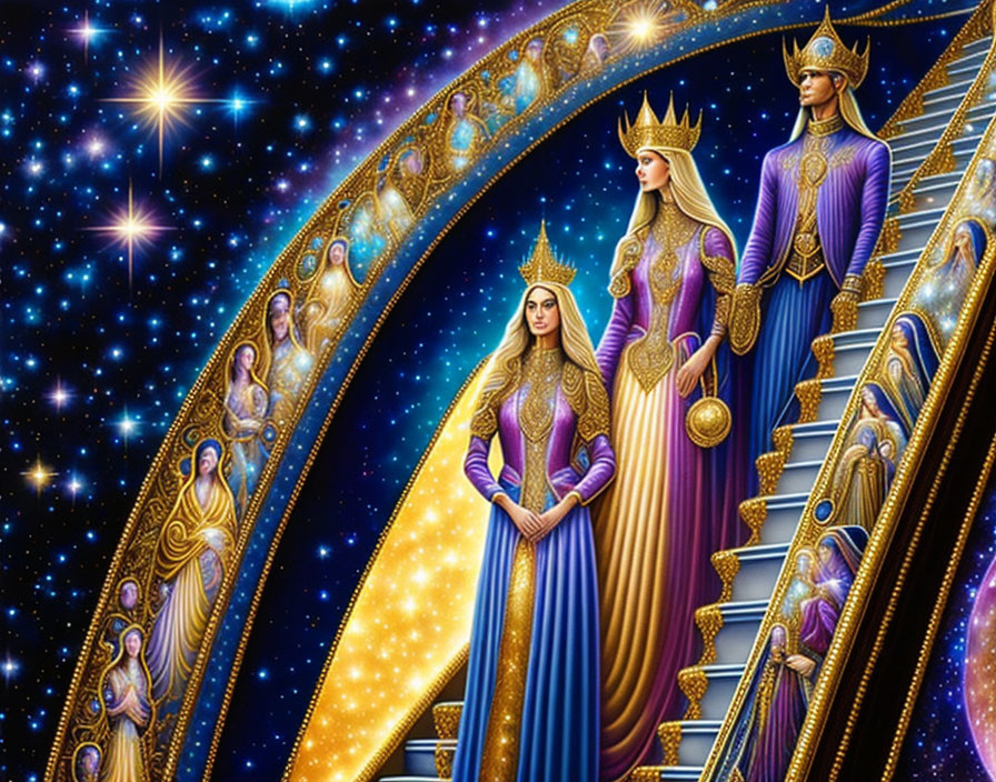 Regal Figures in Purple and Gold on Celestial Staircase