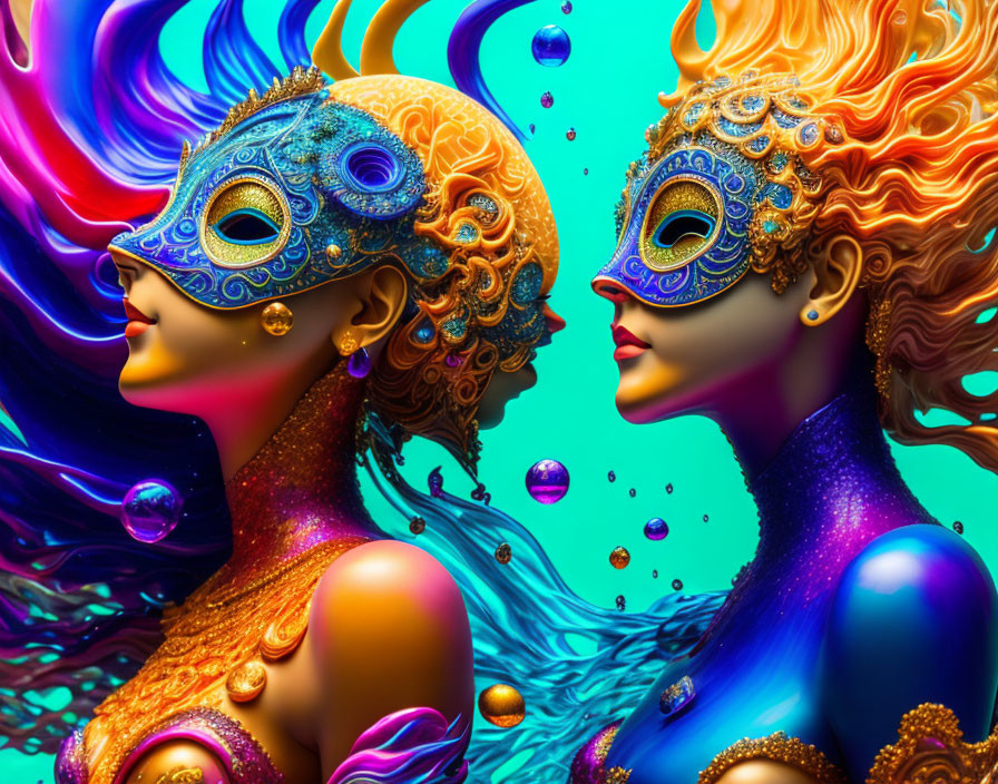 Vibrant 3D female figures in blue and gold masks with flowing hair amidst colorful bubbles