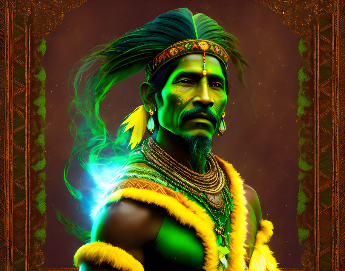 Vibrant Indigenous Man in Traditional Attire with Green Feathers