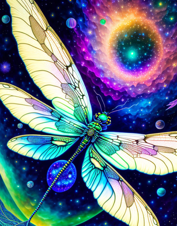 Colorful Dragonfly Artwork on Cosmic Background with Stars and Planets