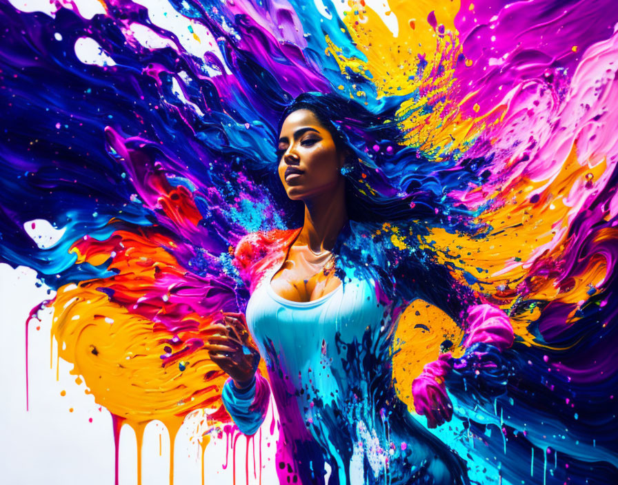 Colorful neon paint splashes surround woman with flowing hair