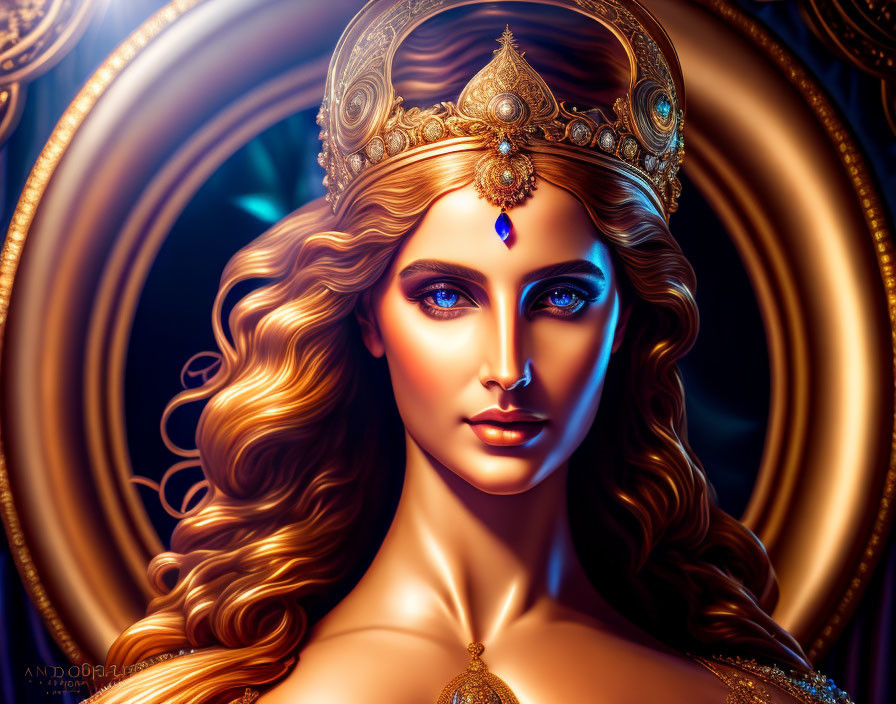 Regal woman with long wavy hair and golden crown on swirling golden backdrop