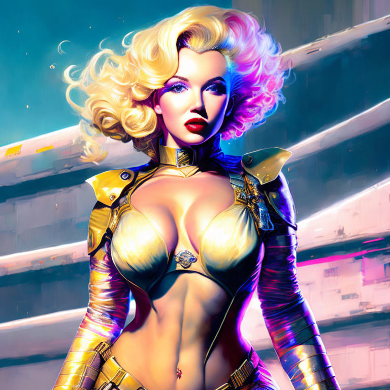 Digital portrait of woman with blonde hair in gold armor against cityscape.