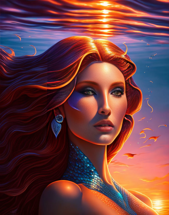 Illustration: Woman with Red Hair in Blue Scale Attire at Sunset