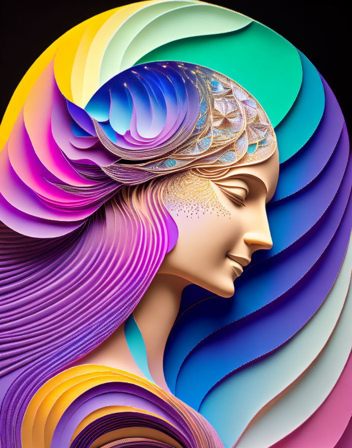 Colorful profile view digital artwork of stylized woman with flowing multicolored hair and decorative headpiece