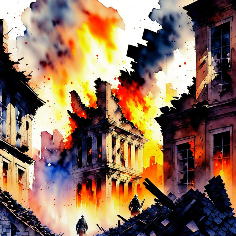 Dramatic watercolor illustration of burning buildings in vibrant colors