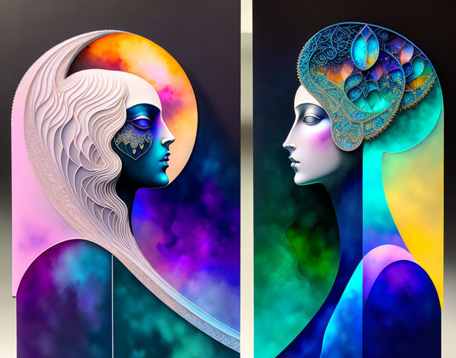 Artistic profiles of stylized women with sun and moon motifs on split background