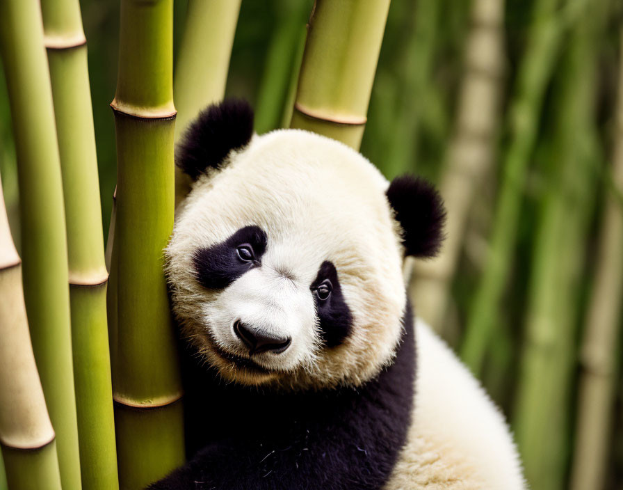 Close-up Serene Panda Among Green Bamboo Stalks