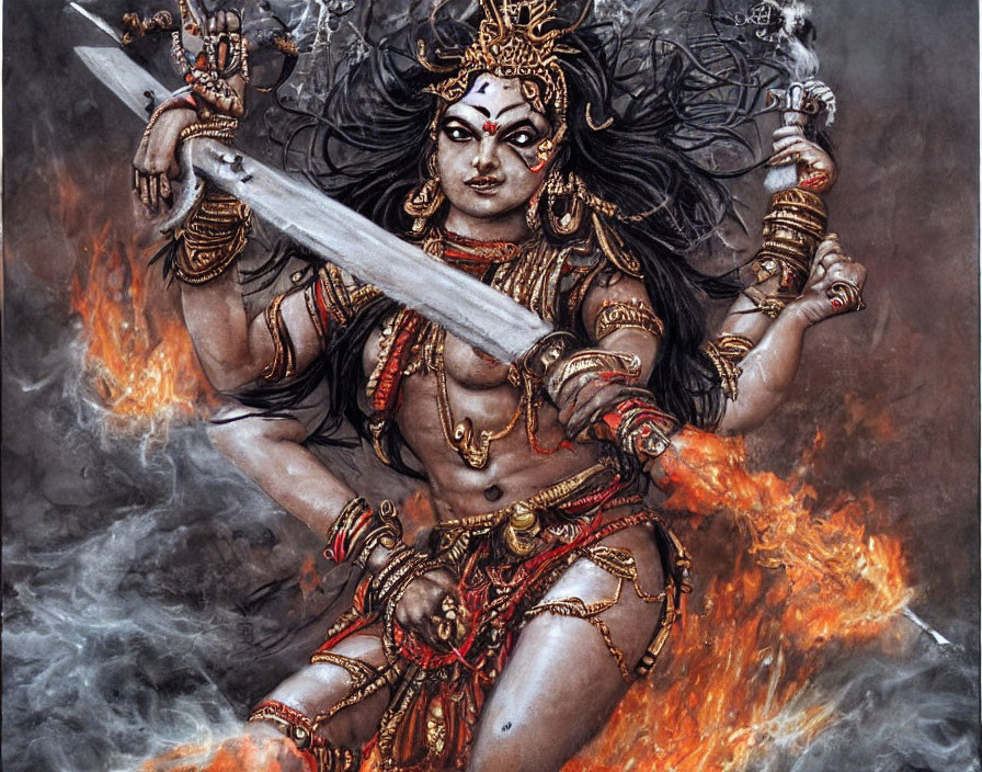 Ornately adorned warrior with multiple arms in flames